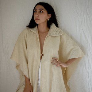 Vintage 1970's Beige Wool Fringe Poncho Cape